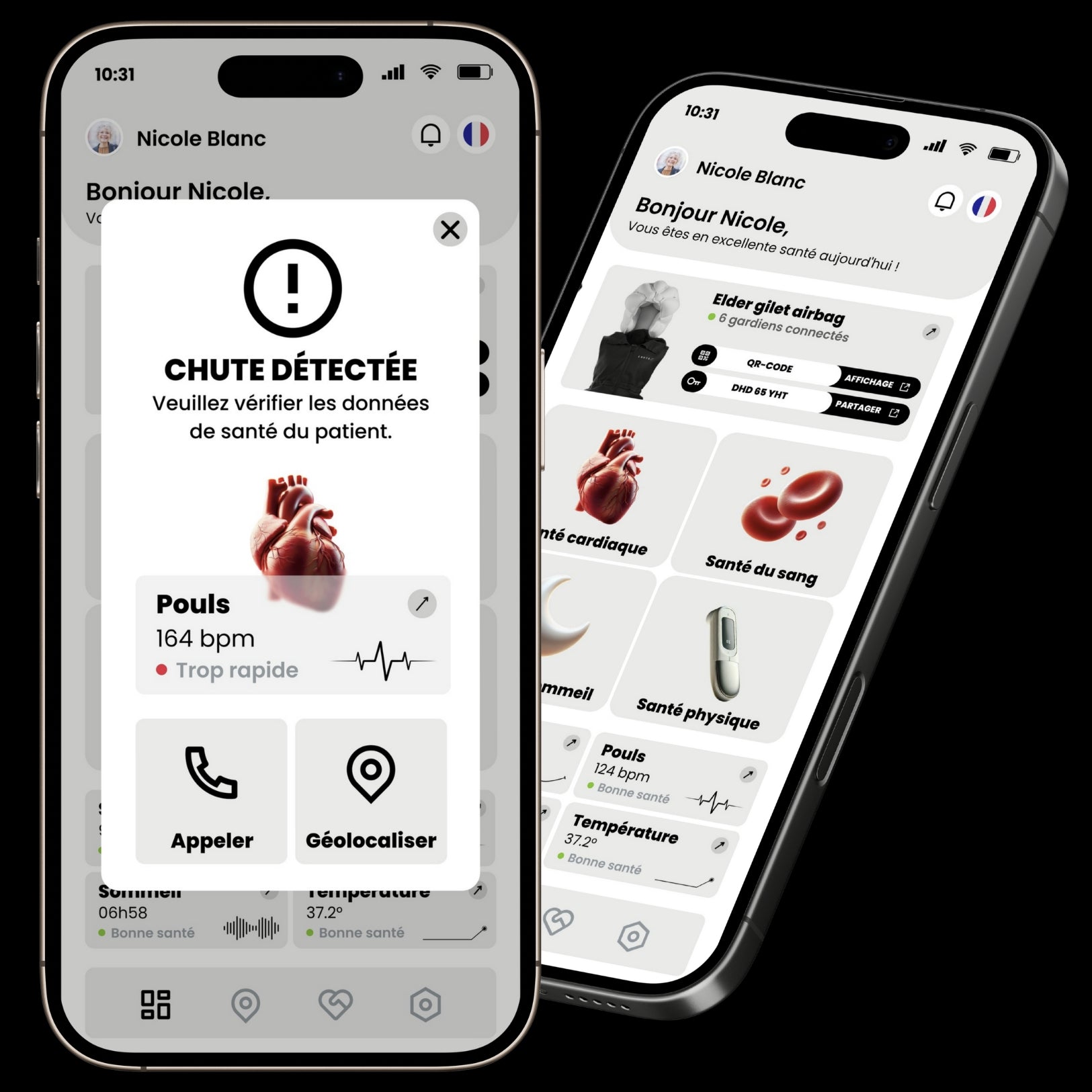Alerte de détection de chute avec surveillance du rythme cardiaque sur l'interface de l'application santé Chutex